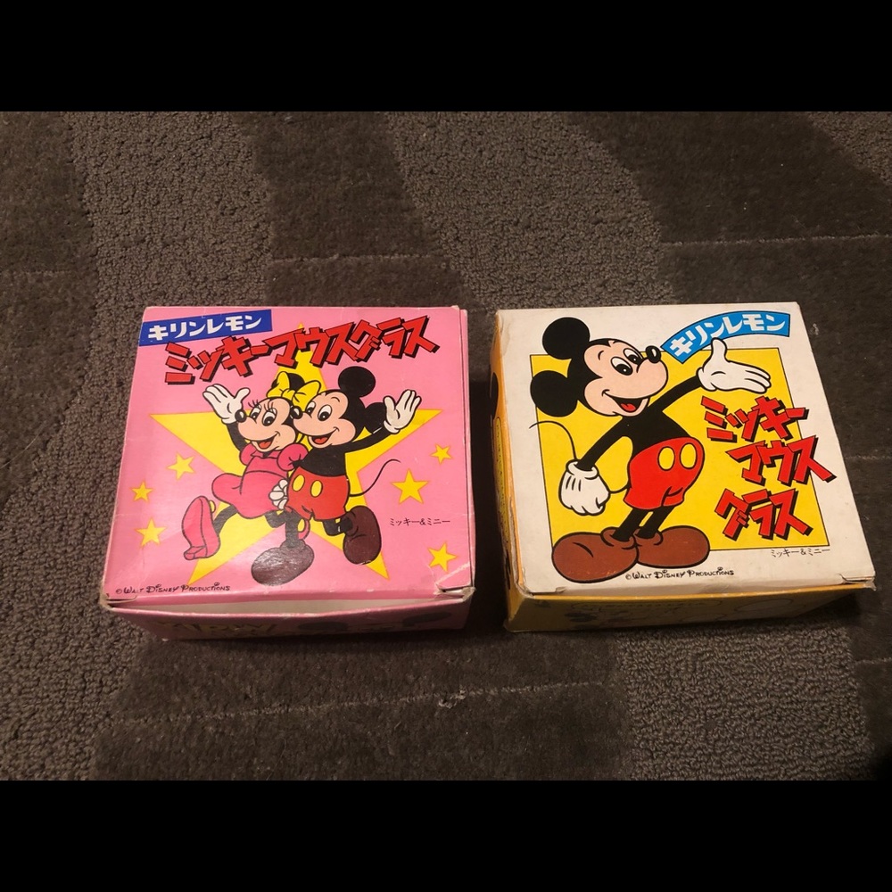Vintage Japan Disney Mickey Mouse Minnie Mouse Kirin Lemon Glasses Showa 1980's